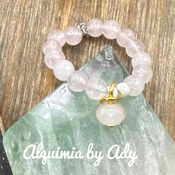 Pink Quartz beaded handmade boho ring multi stones charms - Picture 1 of 6